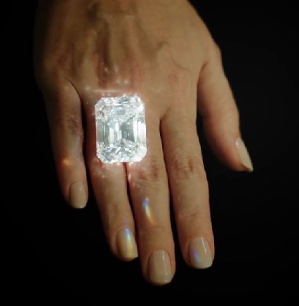 Ultimate Cut Emerald Shape Diamond 100.20 carat as ring on hand.