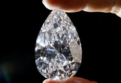 The Winston Legacy Diamond Pear shape 101.73 carats held in hand.