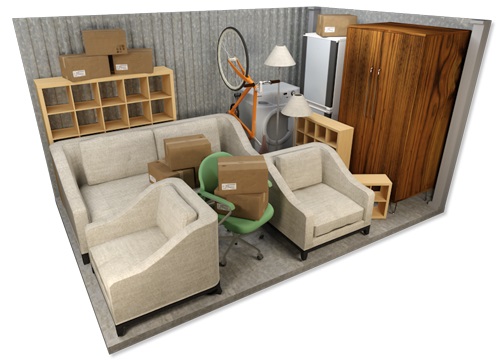10 by 15 storage unit with illustrated house furniture inside.