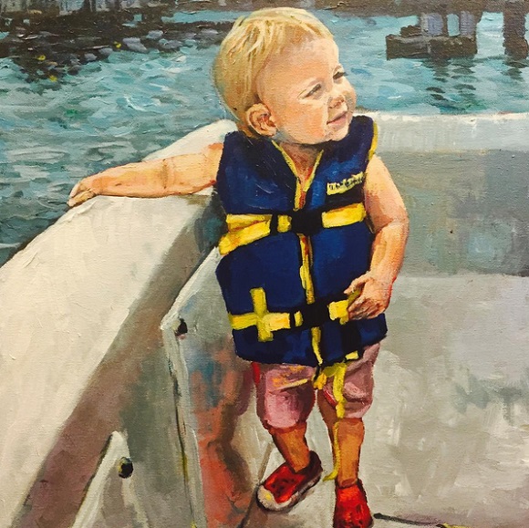 Painting of a little boy on a boat.