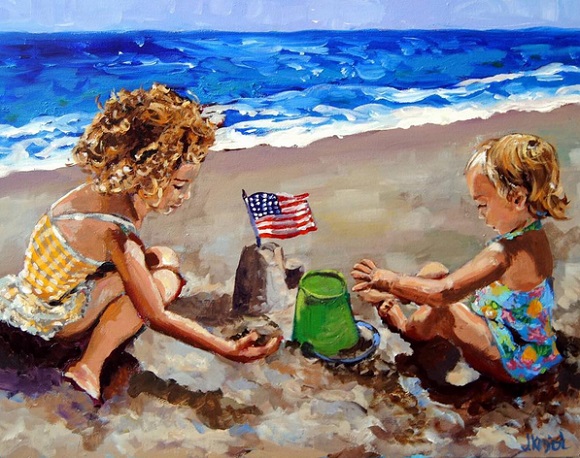 Jenny Grumbles art with two girls at beach.